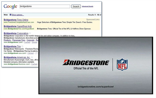 stopklatka ze spotu Bridgestone + SERPy dla zapytania [bridgestone]. Adres w SERPach jest inny niż reklamowany w TV