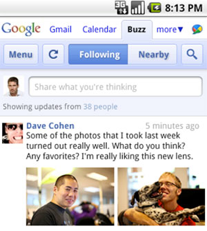 screenshot interfejsu Google Buzz w wersji mobilnej
