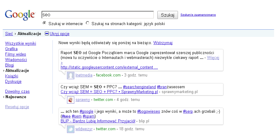 Jak wyglądają SERP-y dla wyników real-time search