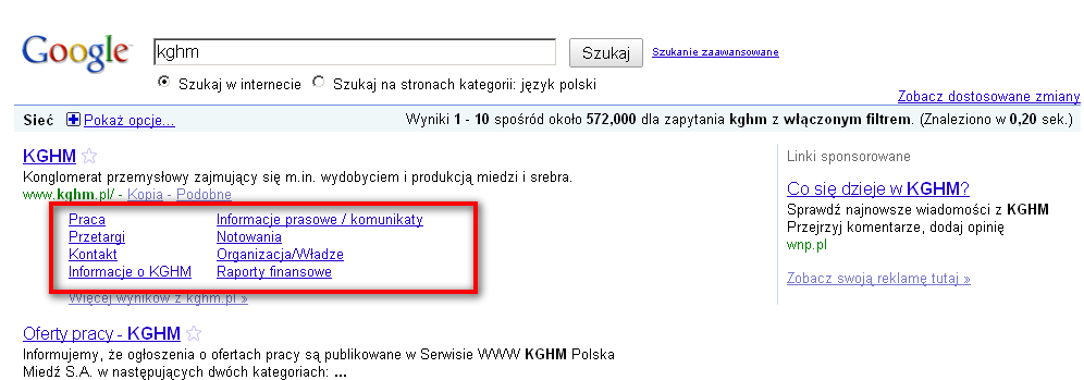 linki witryny w wynikach organicznych