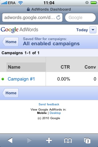 mobilny panel AdWords - aktywne kampanie
