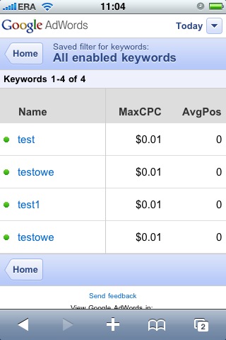 mobilny panel AdWords - lista słów kluczowych
