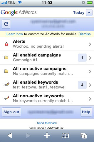 mobilny panel AdWords - widok główny