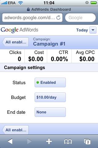 mobilny panel AdWords - widok kampanii