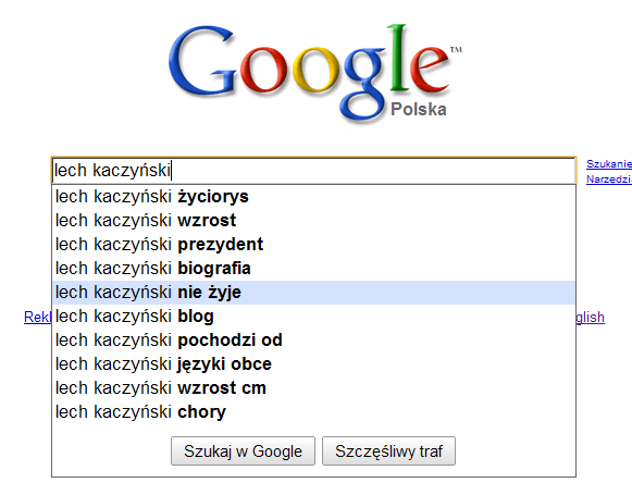 Google Suggest - o co pytają Polacy w kontekście Lecha Kaczyńskiego