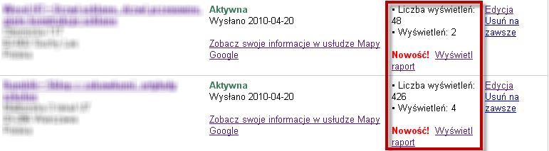 Miejsca Google - statystyki lista