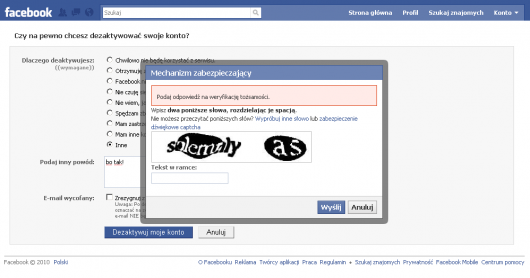 Czy na pewno chcesz zdezaktywować konto na Facebooku? Przepisz kod z obrazka Czy na pewno chcesz zdezaktywować konto na Facebooku? Przepisz kod z obrazka