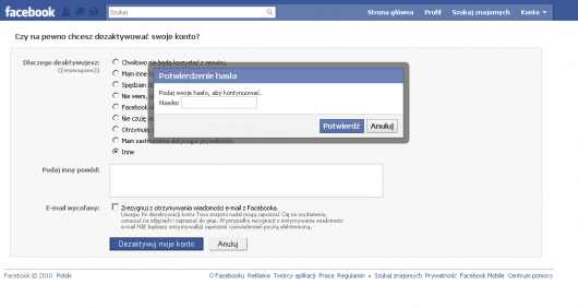 Czy na pewno chcesz zdezaktywować konto na Facebooku? Wprowadź hasło Czy na pewno chcesz zdezaktywować konto na Facebooku? Wprowadź hasło