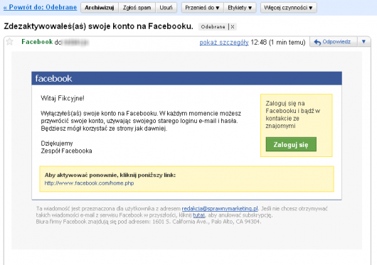Jak zdezaktywować konto na Facebooku - mailowe potwierdzenie dezaktywacji Jak zdezaktywować konto na Facebooku - mailowe potwierdzenie dezaktywacji