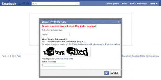 Jak usunąć konto na Facebooku - potwierdzenie - wpisz hasło i przepisz kod z obrazka Jak usunąć konto na Facebooku - potwierdzenie - wpisz hasło i przepisz kod z obrazka