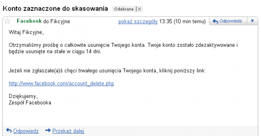 Jak usunąć konto na Facebooku - potwierdzenie mailowe Jak usunąć konto na Facebooku - potwierdzenie mailowe