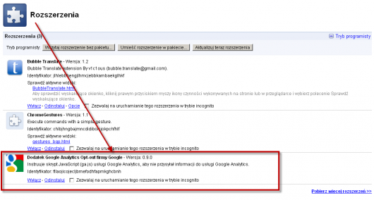 menedzer rozszerzen Google Analytics Opt-out