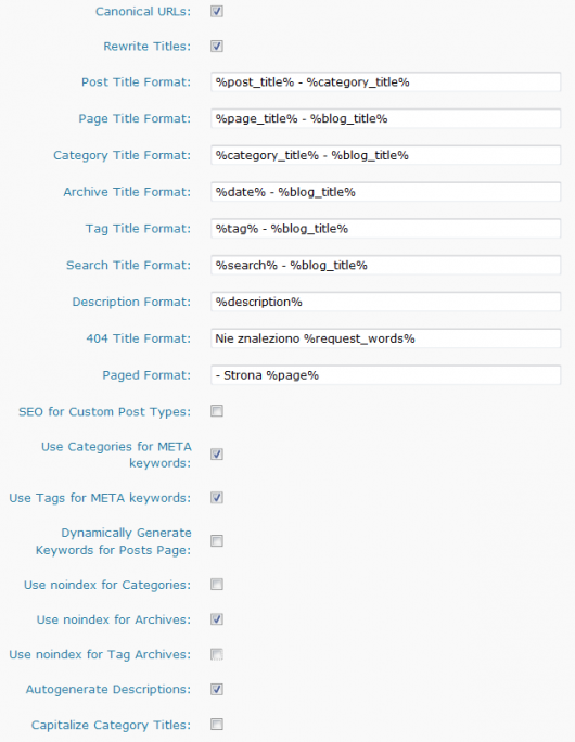 Ustawienia All in One SEO Pack