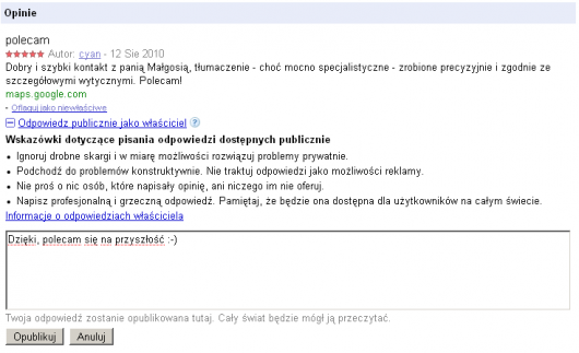 odpowiedzi na opinie Miejsca Google odpowiedzi na opinie Miejsca Google